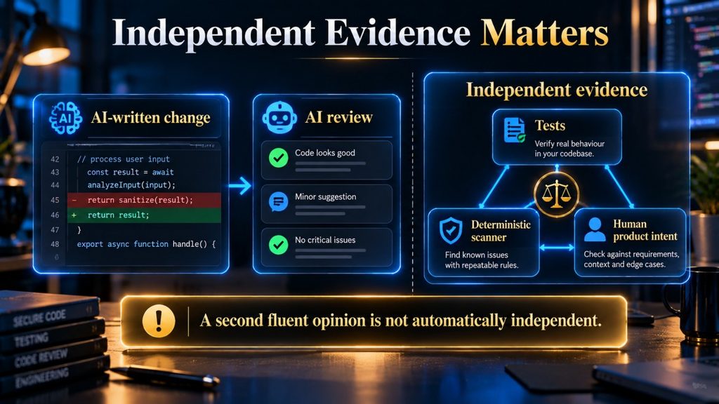 Diagram showing why independent tests, scanners and human intent matter beside AI review. 