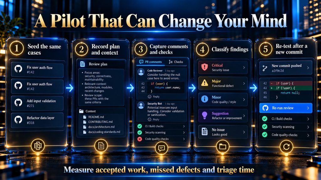 Five-step controlled pilot process for comparing AI pull-request reviewers. 