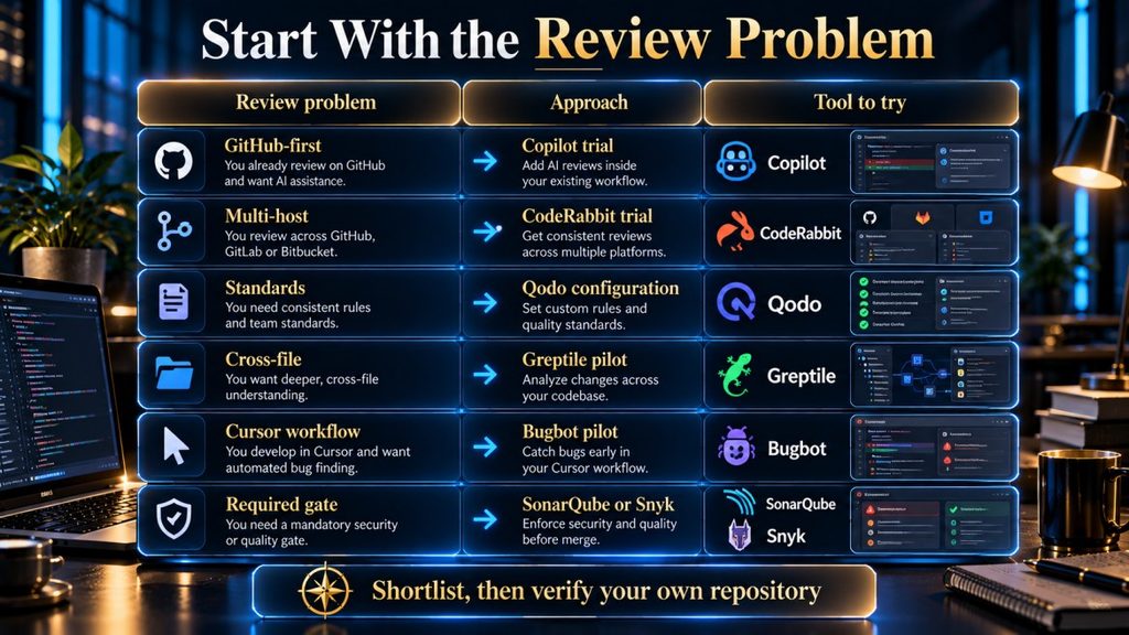 AI code review shortlist mapping team situations to starting tools and extra safeguards.