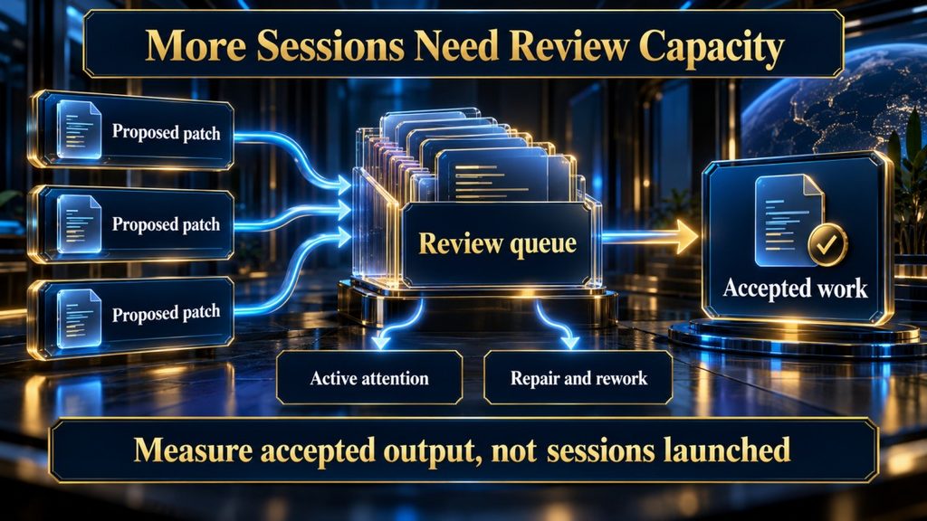 AI coding agent concurrency diagram showing proposed patches entering a review queue before accepted work, with active attention and repair measured separately.