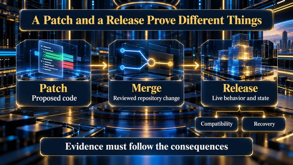 AI coding evidence diagram distinguishing a proposed patch, a reviewed merge and a release with persistent-state checks.