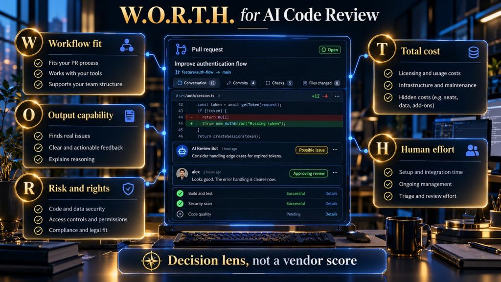 AI Hustle World W.O.R.T.H. framework for choosing an AI code reviewer.  