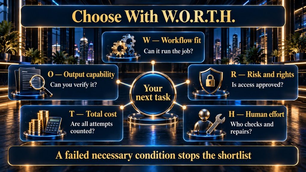 W.O.R.T.H. framework for evaluating workflow fit, output capability, risk and rights, total cost and human effort in an AI coding agent.
